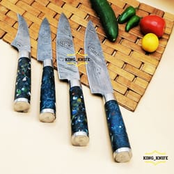 4 pcs custom handmade damascus steel chef knife set kitchen knives set with roll bag, handmade knives, custom knife set