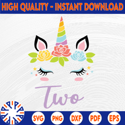 2nd birthday svg, unicorn birthday svg, two years old cut file, unicorn party svg, 2nd birthday girl svg, second