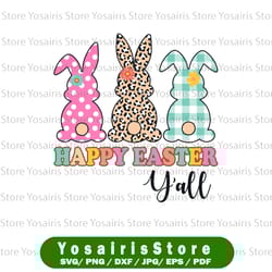 happy easter y'all bunny rabbit trio - blush floral, leopard cheetah, plaid stripes clip art sublimation design