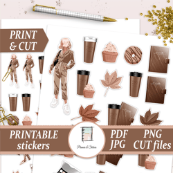 autumn fashion planner sticker kit printables, fall die cuts, journal decorations, coffee and cake scrapbooking set
