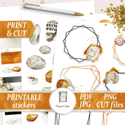 vintage watercolor sticker kit printables, scrapbooking frames, washi tape pack, shells die cuts, bujo supplies, penpal