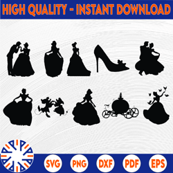 cinderella svg cut files, cinderella silhouettes, instant download, printable vector clip arts, cinderella svg bundle