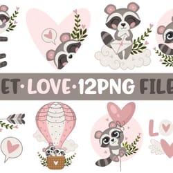 set love 12 valentines graphic cute raccoons sublimation digital designs
