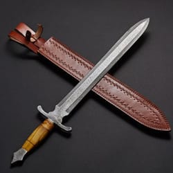 handmade damascus steel hunting sword with leather sheath, camping sword, adventure lovers