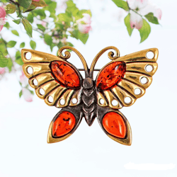 Amber Butterfly Brooch Pin Summer Amber Jewelry Handmade Mother day gift for women, mom brooch on dress Red, Gold Brass