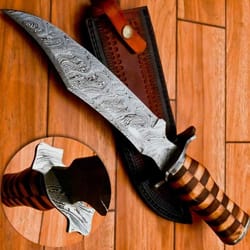 handmade damascus hunting bowie knife wood handle & leather sheath