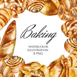 watercolor clipart – baking: croissant, bread, baguette, french baguette, bun, illustration set
