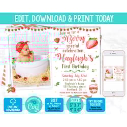 editable strawberry birthday invitation photo template girl berry first birthday invitation summer party invite 1st bday