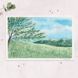 summer tree landscape green field original watercolor painting painted postcard 4x6"