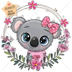 cute cartoon koala png, clipart, sublimation design, adorable, print, clip art, wreath, pink
