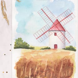 windmill painting autumn landscape wheat field painting harvest original watercolor painting painted postcard 5x7"
