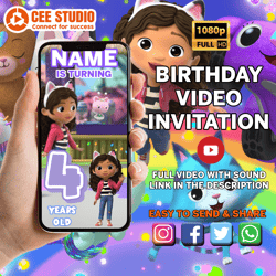 gabby dollhouse invitation, gabby dollhouse video invitation, gabby dollhouse invite, gabby dollhouse birthday, gabby do