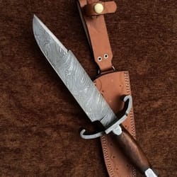 damascus steel bowie knife, hunting bowie knife, bowie knives handmade with leather sheath