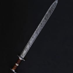 29" custom forged damascus steel viking sword handle with leather wrapped wooden and brass guard