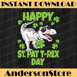 happy st. pat t-rex day dino png, st. patrick's day png, lucky shamrock png, digital file, png high quality
