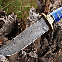 damascus steel blade hunting bowie knife, dyed bone handle