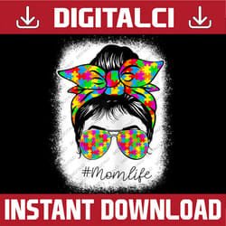 autism mom messy bun bleached for autism awareness day png sublimation design