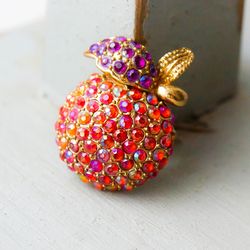 red rhinestones apple brooch vintage small apple lapel pin fruit brooch