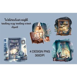 watercolour night reading cozy reading corner clipart