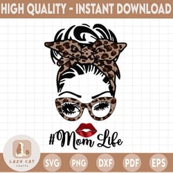 mom life brown leopard head messy bun print sublimation transfer
