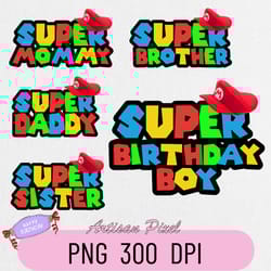 mario birthday png, custom family matching png, kids party png, personalized name and age png