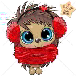 cute cartoon hedgehog png, scarf, headphones, clipart, sublimation design, children printable, girl, boy, art