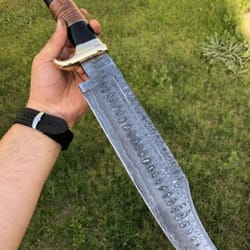 16 inches damascus steel raindrop pattern knife crocodile dundee brass guard handle