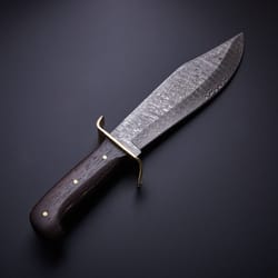 12 inches damascus steel tactical camping bowie knife with brass guard and dark wood handle