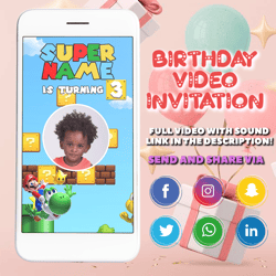 super mario invitation, super mario birthday video invitation, super mario birthday invitation, luigi, digital