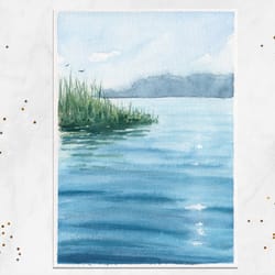 lake painting summer waterscape painting original watercolor painting 5x7"