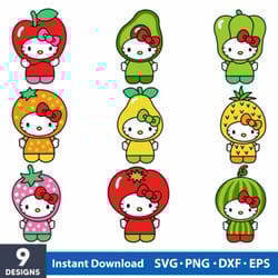 hello kitty fruits bundle svg, hello cat fruist svg, kawaii kitty svg, hello kitty svg, cartoon svg, png dxf eps file