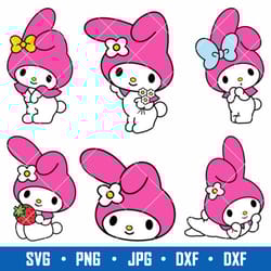 my melody bundle svg, my melody svg, kawaii kitty svg, hello kitty svg, sanrio svg, cartoon svg, png dxf jpg eps file
