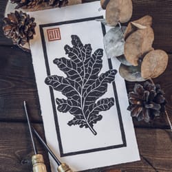 linocut print oak leaf original art handmade postcard minimalistic interior painting hand drawn home decor