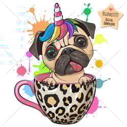 cute cartoon pug dog png, clipart, sublimation design, unicorn, children printable, cup, cool, art