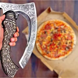 custom handmade pizza cutter viking axe, viking bearded axe, hand forged axe, pizza slicer, pizza knife rocker,