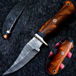 hand forged damascus full tang bowie hunting knife, camping knife with leather sheath