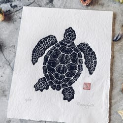 linocut print sea turtle original art abstract wall decor interior painting hand drawn ink illustration nautical theme