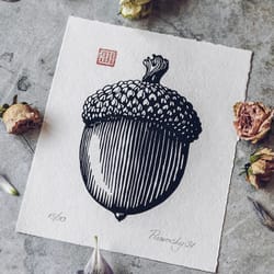 linocut print acorn oak original art hand drawn interior painting home decor memorable gift handmade postcard ink image