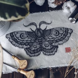 linocut print night moth original art hand drawn interior painting for home handmade witchy wall decor butterfly artwork