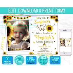editable photo sunflower birthday invitation template photo girl summer invitation fall party invite 2nd second birthday