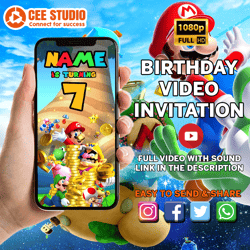 super mario video invitation, super mario digital invite, birthday, party, fun,, video invite, mario, luigi, peach