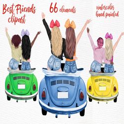 Best Friends Clipart: "GIRLS ADVENTURES" Retro beetle car Custom besties Soul Sisters Bridesmaid gift Mug Girl Illustrat