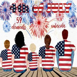 4th of July clipart: "FAMILY CLIPART" Fireworks clipart People back view Patriotic clipart Independence Day USA flag Fam