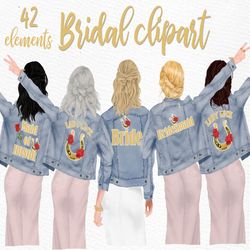 Wedding clipart: "BRIDESMAID CLIPART" Bride in Jackets Bride clipart Team Bride Jeans jackets Party Wedding dress Custom