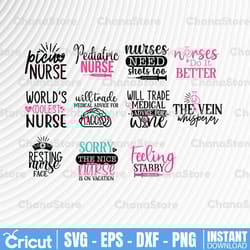 nurse svg bundle, svg eps dxf png files for cutting machines cameo cricut, funny, cna, rn, nursing, stethoscope, cute,