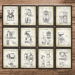 coffee invention patent set of 12, coffee poster, coffee patent, coffee blueprint, cafe decor, coffee pot, coffee