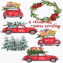 watercolor christmas cars clipart: ""christmas beetle"" christmas red car floral wreath pine tree forest christmas gift