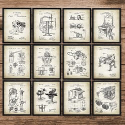 wood working patent prints set of 12, woodworking machine patent, carpenters gift, carpenter tool inventions, wood