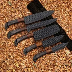 5 pc custom handmade hand forged black coated carbon steel chef set kitchen knives