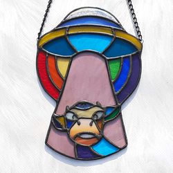 ufo stained glass, stained glass cow alien, ufo suncatcher, alien ornament, alien stained glass suncatcher stained glass